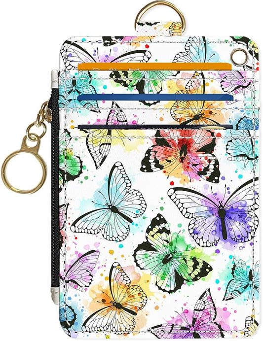 Slim Wallet Credit Card Holder, Watercolor Butterfly, RFID Wallet Women Cute Small Front Pocket Wallet With Zipper, PU Leather Thin travel RFID Blocking Card Case ID Window,Ladies Gifts