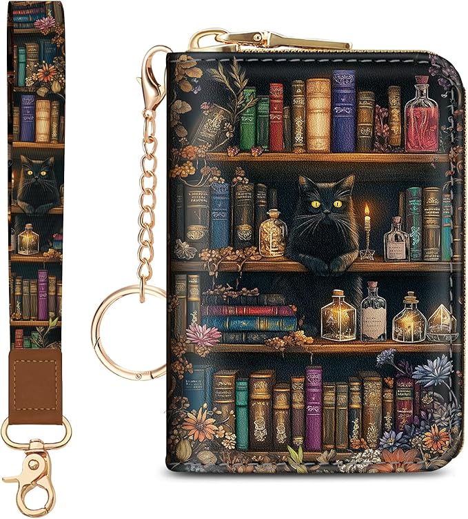 Blusabaca Credit Card Holder for Women, Bookshelf and Cat Goth Small RFID Blocking Wallet with Wristlet Strap, Gothic Zipper Keychain Leather Card Case, Accordion Card Wallet Purse with Key Lanyard
