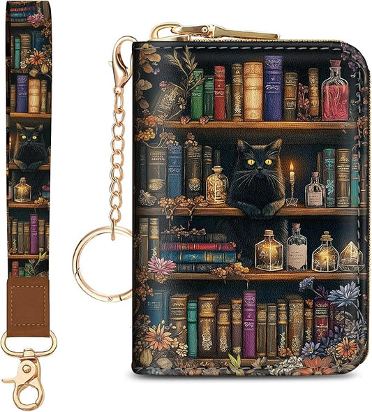 Blusabaca Credit Card Holder for Women, Bookshelf and Cat Goth Small RFID Blocking Wallet with Wristlet Strap, Gothic Zipper Keychain Leather Card Case, Accordion Card Wallet Purse with Key Lanyard