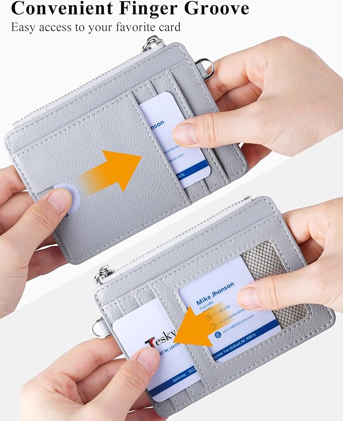 Teskyer Slim Card Holder Wallet with Zip Pocket, RFID Blocking, Total 9 Compartments Large Capacity, 3.5" x 4.7" (Slight Larger Than Usual), Faux Leather - Grey