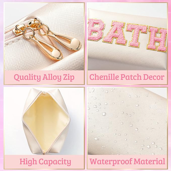 Y1tvei Preppy Patch BATH Letter Cosmetic Toiletry Bag PU Leather Portable Makeup Bag Sewn with Felt Varsity Letter Patches Waterproof Zipper Pouch Travel Organizer for Women Girls Teen(Shell Gold)