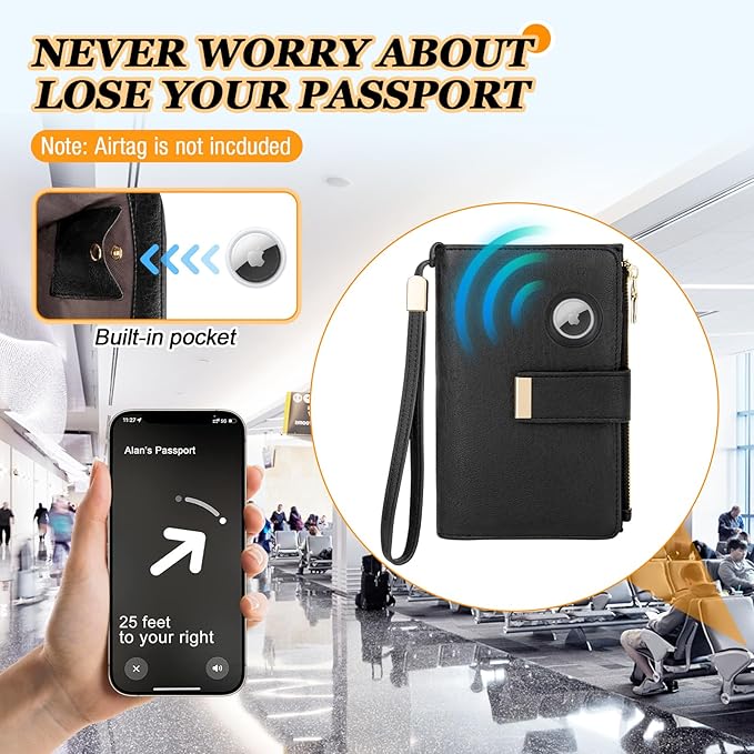 HUANLANG Passport Holder with Airtag for Women/Men, Airtag Passport Wallet for Travel Leather Passport Holder RFID Blocking,Travel Passport Walelt with Credit Card Holder