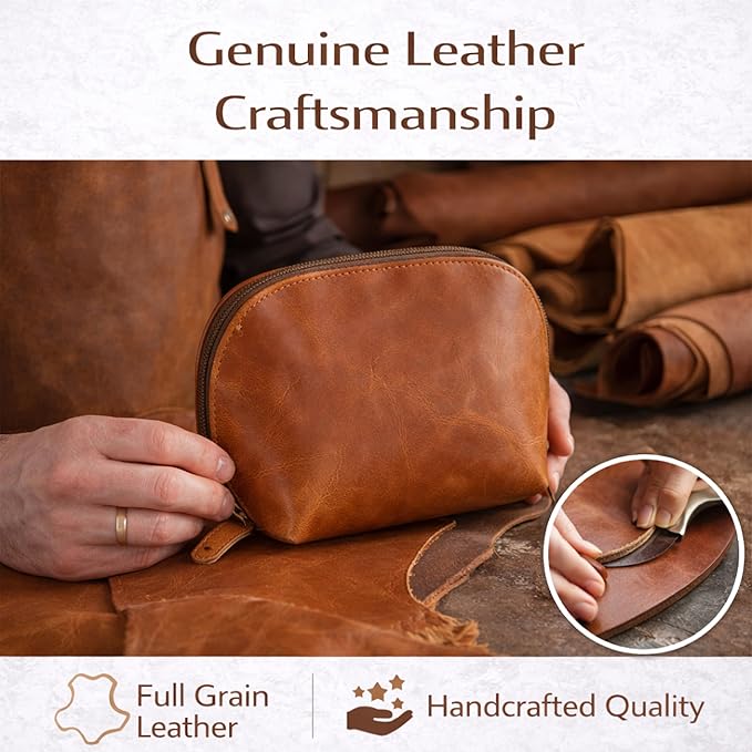 Genuine Leather Toiletry Bag for Men & Women, Leather Makeup Bag, Travel Dopp Kit Organizer with YKK Zipper, Handmade Cosmetics Case for Toiletries & Makeup (9 x 6 x 4 Inch) Tan