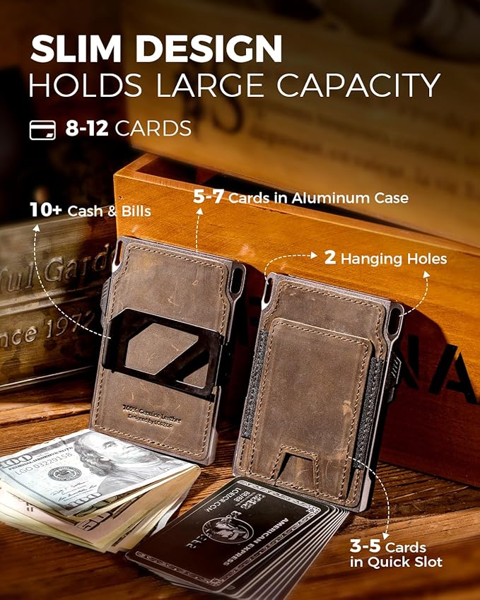 LORZOR Slim Tactical Wallet for Men- Minimalist Front Pocket Full Grain Leather Wallet for 10 Cards, RFID Blocking Aluminum Cardholder, Smart Pop Up Card Case, Money Clip, Gift Boxed(DistressBrown)