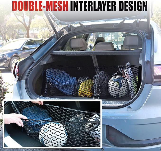 AWELCRAFT Car Rear Cargo Net, Adjustable Elastic Storage Organizer Net, Trunk Cargo Storage Net, Universal Fit for Car, Vehicle, SUV