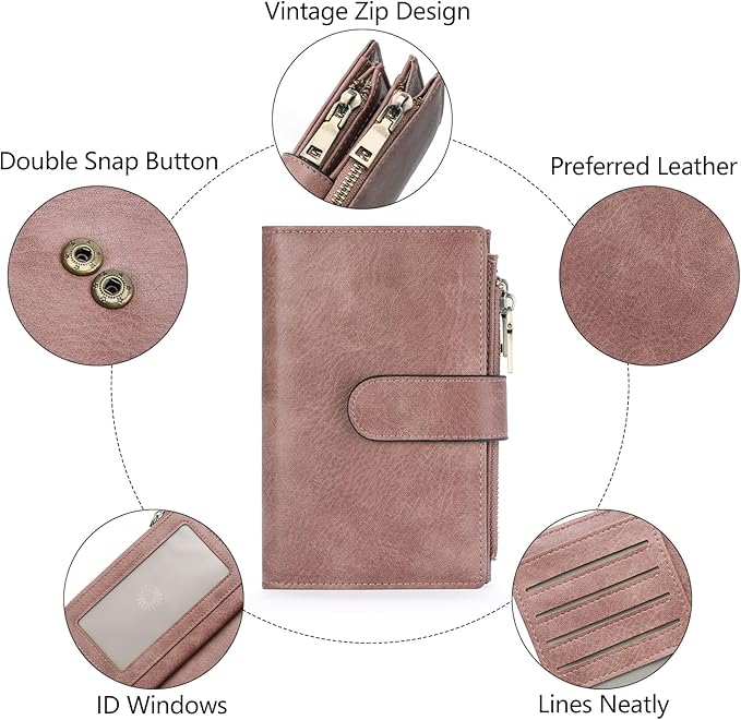 GOIACII Womens Wallets RFID Blocking Leather Trifold Clutch Wallet Credit Card Holder Ladies Purse 3 ID Windows Pink
