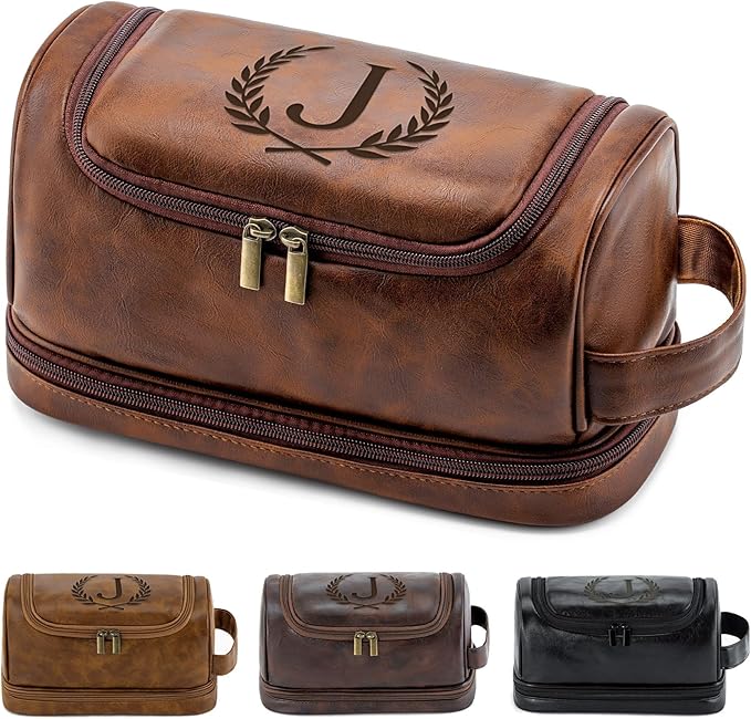 Personalized Christmas Birthday Gifts Toiletry Bag for Men Dad Husband, Custom Initial PU Leather Waterproof Toiletry Organizer Dopp Kit Shaving Bag Travel Essential for Men, Reddish Brown J