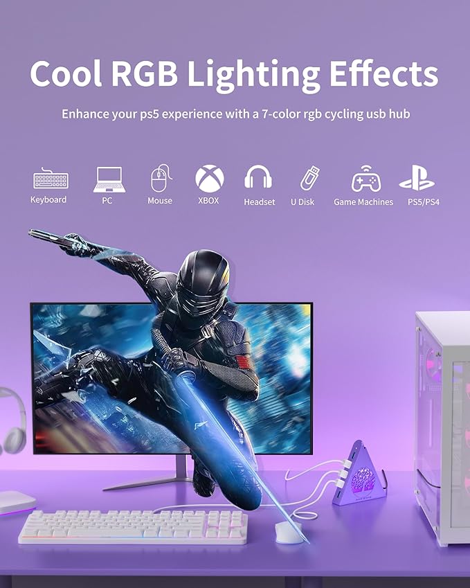 7-Port USB 3.0 Hub, Deep Purple Vertical USB Expander with Tree RGB Lighting, 5Gbps Data Transfer, 2FT Cable, Compatible with Laptop, Desktop, PS5, Xbox, Printer, Flash Drive, HDD