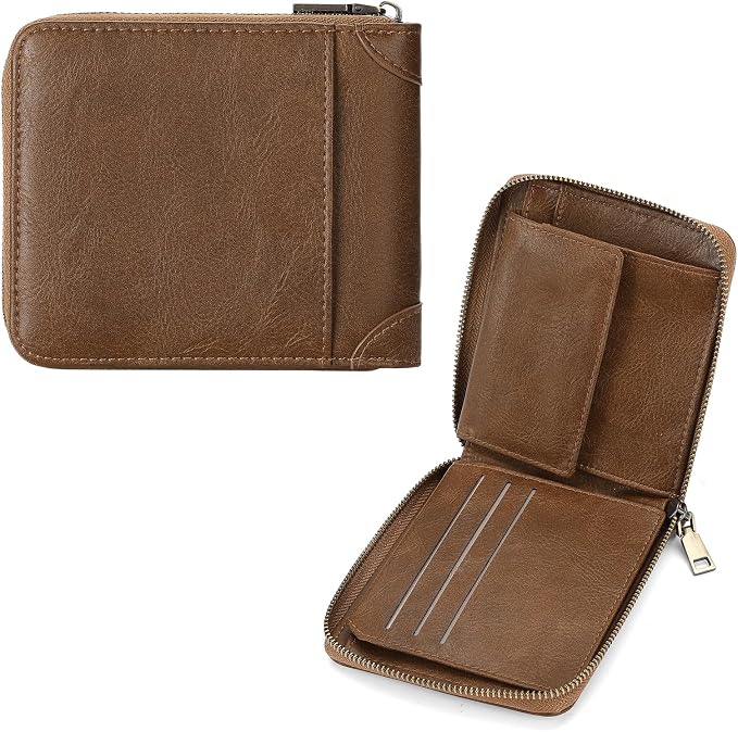 GAEKEAO Zipper Wallet for Men Vegan Leather RFID Blocking Large Capacity Bifold Wallets with ID Window Change Pocket
