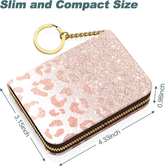 Nipichsha Women's Small RFID Blocking Credit Card Wallet, Pink Gilt Leather, 12 Slots, Zipper Closure