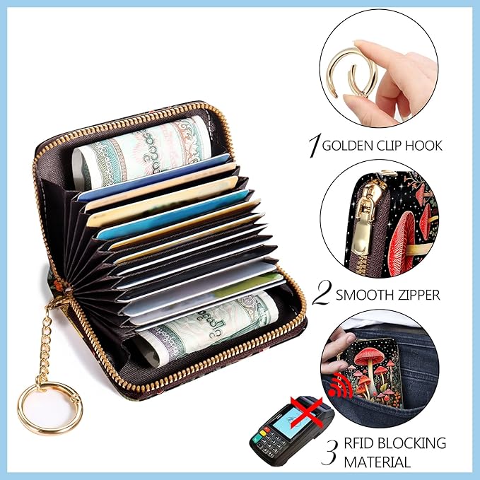 Blusabaca Credit Card Holder for Women, Mushroom Small RFID Blocking Wallet with Wristlet Strap, Keychain Zipper Wallet, Leather Card Case, Card Wallet Purse with Key Lanyard