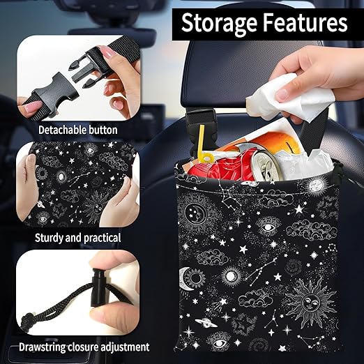Car Trash Bag Large Hanging Can for Back of Seat, Cute Waterproof Car Garbage Bag for Vehicle, Travelling, Outdoor Cute Black White Universe