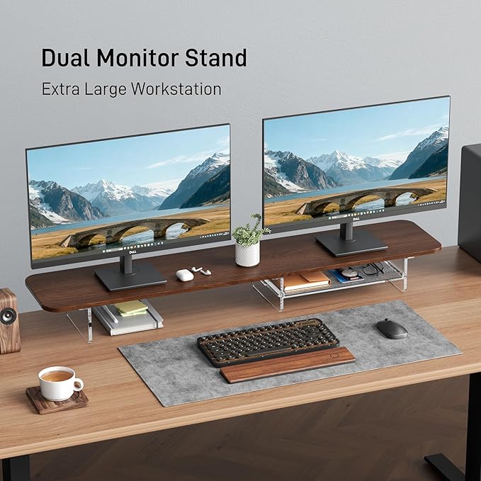 AFOOYO Large Dual Monitor Stand For Desk,43 Inch Desktop Computer Riser with Felt Drawer Acrylic Legs Desk Shelf Organizer For Computer/Laptop/PC/Printer/TV