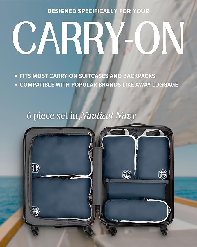 Compression Packing Cubes for Travel, 6-Piece Lightweight Packing Cubes Set for Carry-On Luggage & Backpacks – TRIPPED Travel Gear (Navy Blue and White)