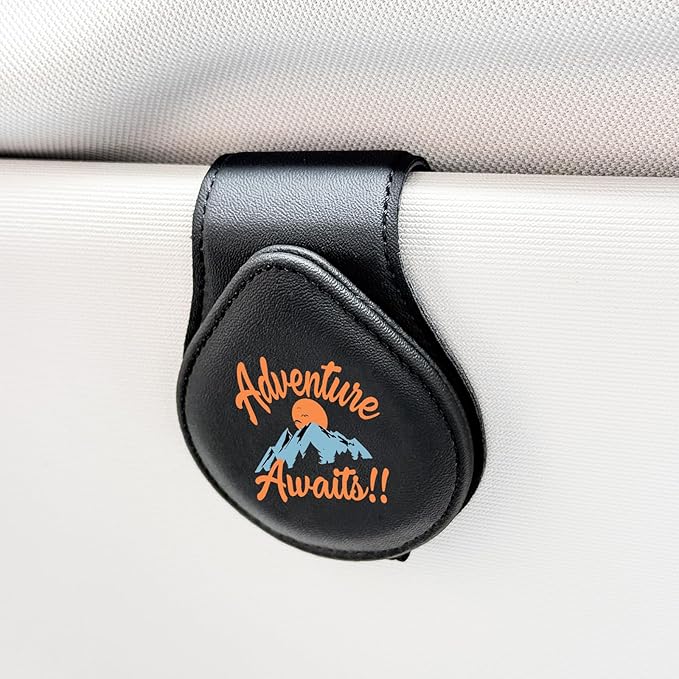 Adventure Awaits - Car Sunglass Holder, Magnetic Leather Eyeglass Hanger Mount Clip Holder for Car Visor Accessories