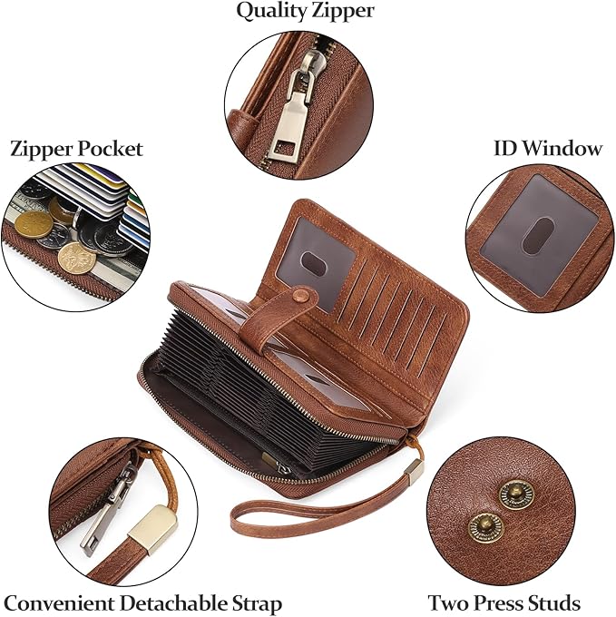 GAEKEAO Leather Credit Card Holder Wallet for Women RFID Blocking Large Capacity Bifold Zipper Card Case Organizer with Wristlet 45 Slots