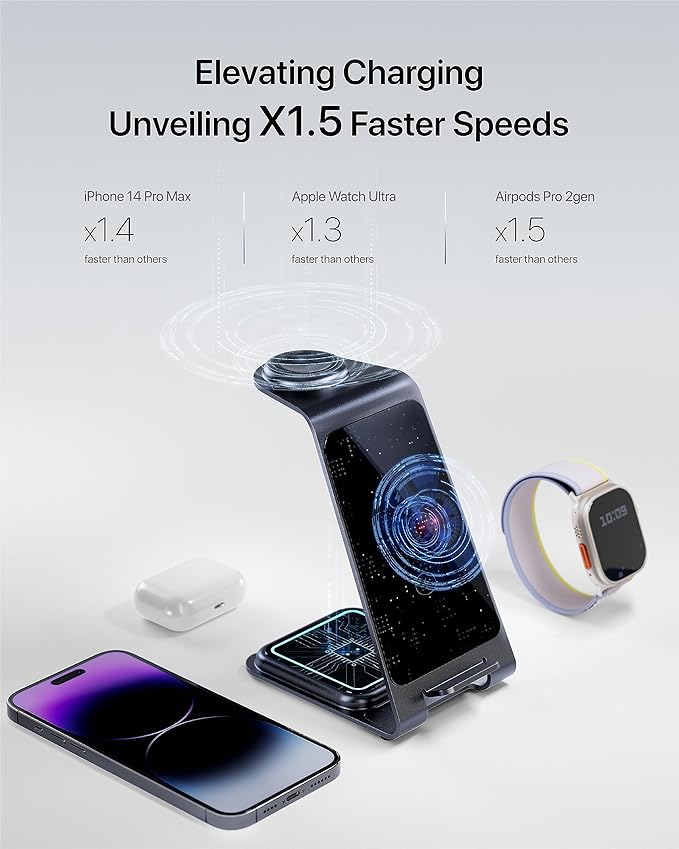 Intoval Aluminum 3 in 1 Wireless Charging Station for iPhone 17 16 15 14 13 12 11 Pro Max XR, Wireless Charger for Apple Watch 11 10 9 8 7 Ultra SE 3 2, Phone Charger for AirPods 4 Pro 2 3 (Blue)