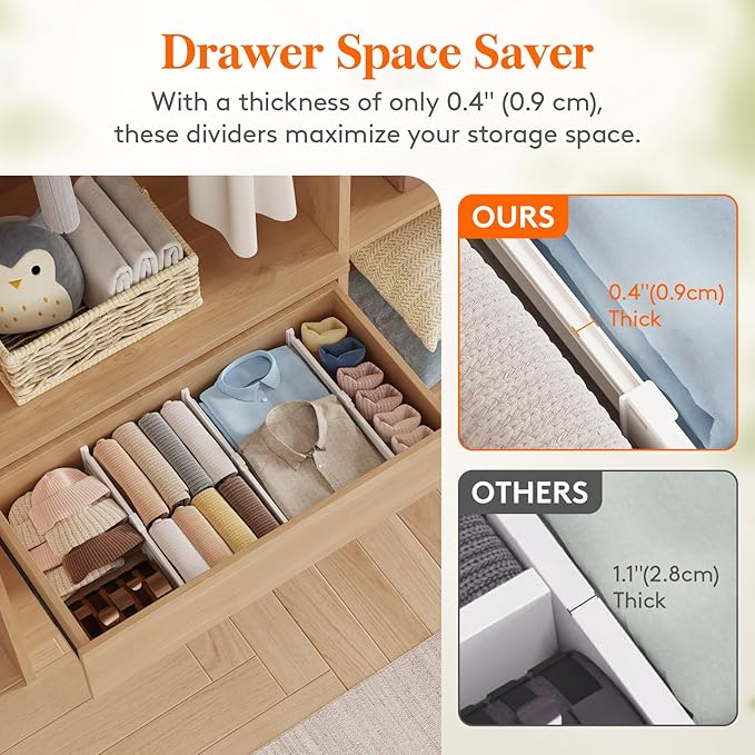 Lifewit 4" Tall 5 Pack Drawer Dividers, 27-42cm/10.5-16.5" Expandable Drawer Divider for Clothes, Adjustable Dresser Drawer Organizers, Drawers Separators for Dresser/Bathroom/Closet/Kitchen White