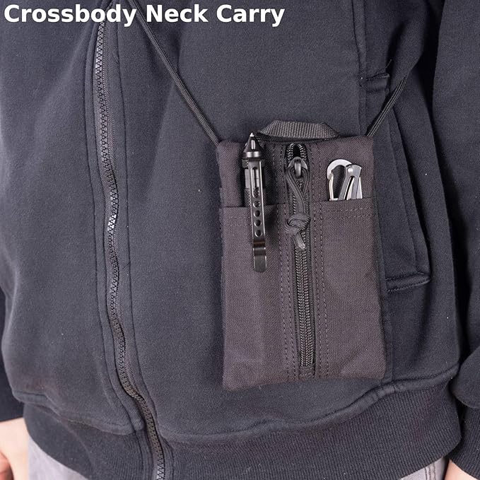 Small EDC Pouch EDC Pocket Organizer, Durable Small Tool Pouch for Men, Zippered Neck Wallet with Paracord Lanyard, Holds Flashlight, Multitool, Pen, Notebook - Tactical EDC Bag