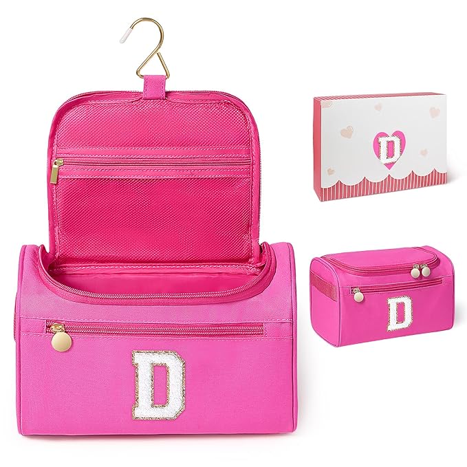 COSHAYSOO Initial Girls Hanging Toiletry Bag Tween Preteen Teenager Valentines Day Birthday Gifts Basket Stuffers for Teen Girl 10-12 12-14 16-18 Travel Trip Favors College Dorm Gift Pink Letter D
