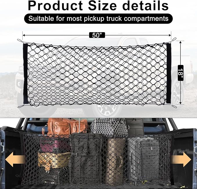 Amiss Truck Bed Cargo Net Stretchable, Adjustable Trunk Storage Net with Hook, Accessories for Pickup Bed Divider Organizer and Storage, Compatible with Chevy Silverado Ford F150 GMC (50"x 18")