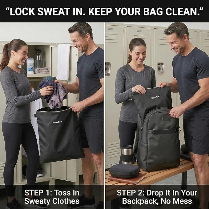 HevraCom Waterproof Laundry Bag Travel for Wet Clothes - Odor-Proof Waterproof Bag for Wet Swimsuit, Travel Laundry Bags for Dirty Clothes, Swimsuits & Workout Gear with Rust-Resistant Zipper & Hooks
