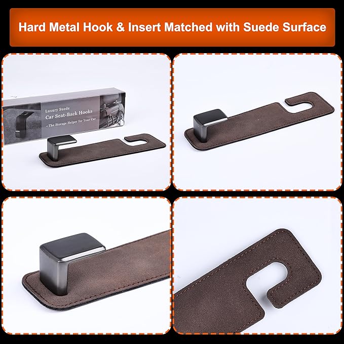 Car Seat Back Hook Metal with Suede Universal Vehicle Headrest Hangers Interior Storage Organizer for Purse Handbag Coat Grocery Bags 2 Pack Coffee