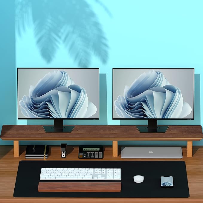Aothia Solid Wood Dual Monitor Stand Riser for Desk, 43 Inch Black Walnut Computer Monitor Riser with Cork Legs, Extra Long Desktop Organizer Shelf for 2 Monitors, Laptop & Printer