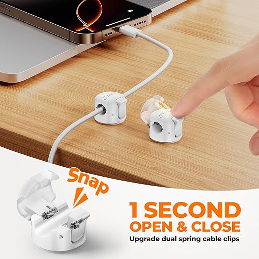 12 Pack Spring Cable Clips,Cord Organizer with Clasp Lock Desk Cable Management Cord Holder Adhesive Phone Charger Cord Clips for Home Office Car Wall Nightstand Accessories White