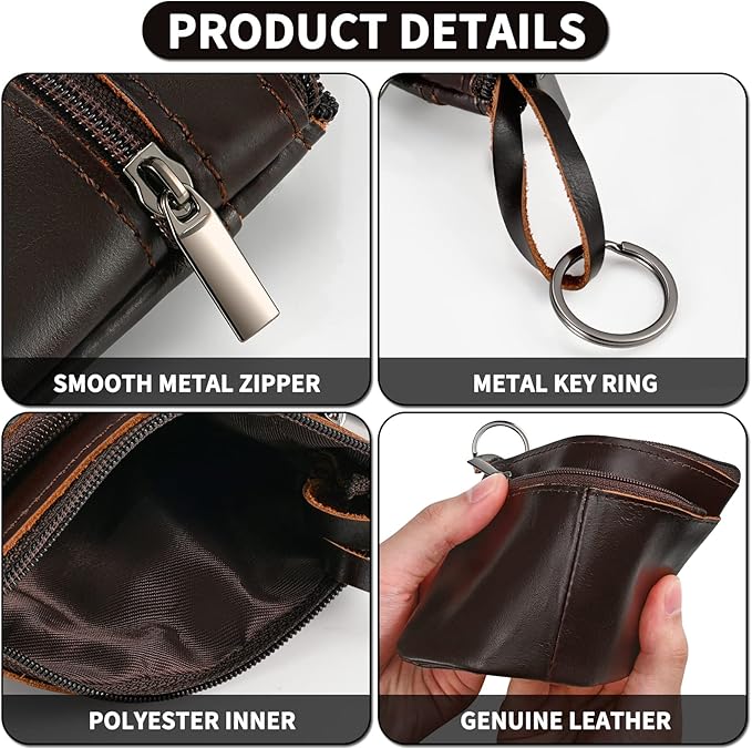 Dark Brown Genuine Leather Multi-Functional Wallet - Compact Card Holder, Coin Purse & Key Organizer with 3 Zippers, Built-in Key Ring, Perfect for Travel, Work & Daily Use