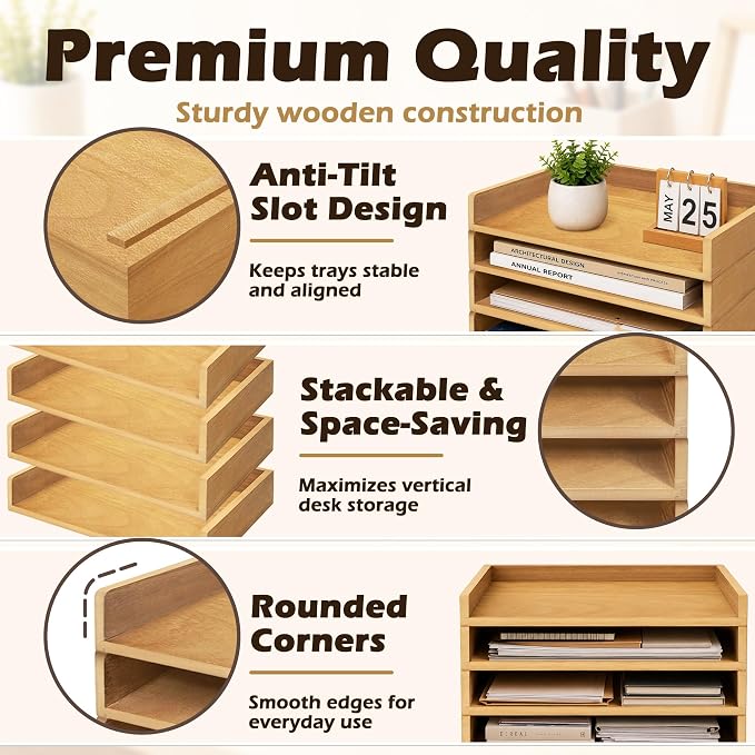 PROLEE 4 Pack Stackable Paper Tray, Wooden Paper Tray Organizer with Letter Tray, Paper Holder for Desk, Desktop File Storage Rack for Study, Home and Office (Oak)
