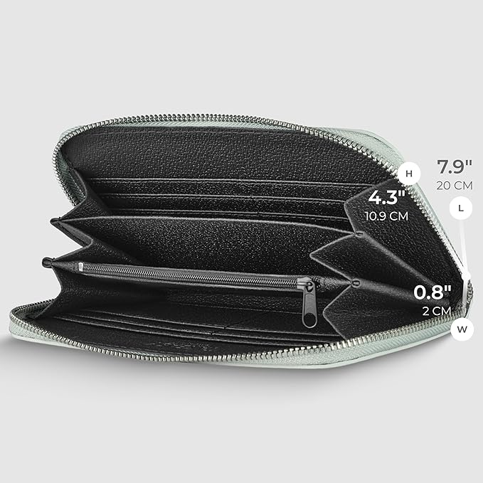 Italian Genuine Metallic Leather Wallet for Women with 3 Compartments & Zip Close | Small Rectangular Card Holder (Silver)