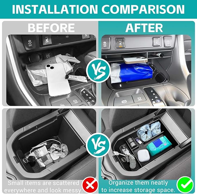 2PCS Center Console Organizer Tray Compatible with 2019-2025 Toyota RAV4 & Prime Accessories, ABS Material Insert Gear Shift Divider Slot & Armrest Storage Box for RAV-4 Interior Accessories