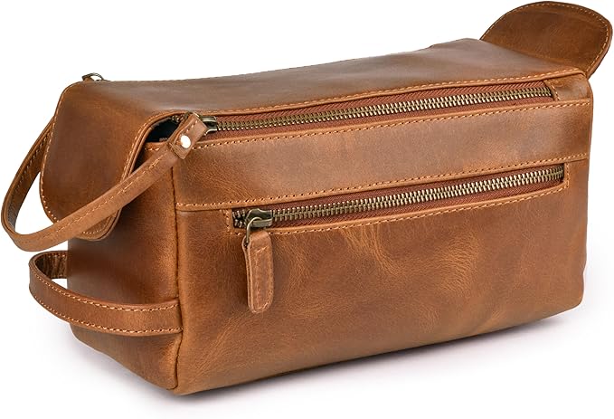 LEATHER VILLAGE Genuine Leather Travel Toiletry Bag - Water-Resistant Dopp Kit for Toiletries, Large Shaving Bag & Bathroom Organizer - Gift for Men & Women - Tan Brown