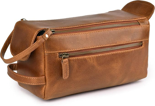 LEATHER VILLAGE Genuine Leather Travel Toiletry Bag - Water-Resistant Dopp Kit for Toiletries, Large Shaving Bag & Bathroom Organizer - Gift for Men & Women - Tan Brown