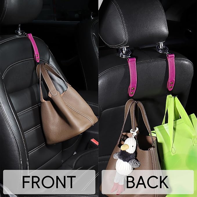 2 Pack Car Hook Holder Leather Headrest Hooks for Purses and Bags,SUS304 Car Hook(Rose Red)