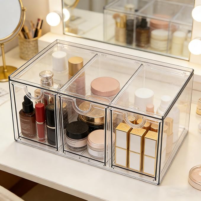 Prsildan Acrylic Makeup Organizer Stackable Storage Drawers with 3 Drawers for Office Desk Vanity Craft Room Clear Drawer Organizers for Hair Accessories Art Supplies Cosmetics Modular System