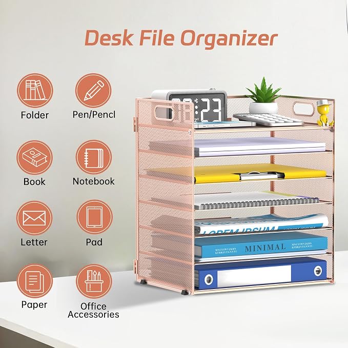 7 Tier Paper Organizer - Mesh Desktop File Holder with Handles for Office School Desk (Rose Gold)