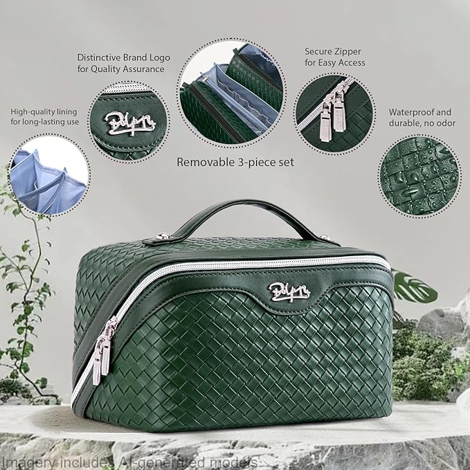 BOYATU Travel Makeup Bag Cosmetic Bags for Women: Large Capacity 3 Pcs Set Make up Bag with Compartments - Waterproof Vegan Leather Toiletry Organizer Bags with Handle (L06 Olive)