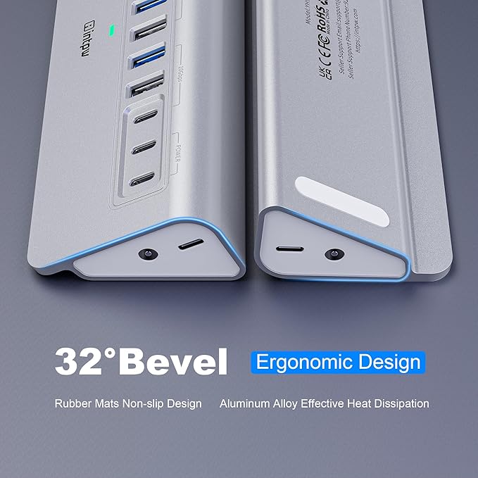Powered USB Hub 10Gbps, intpw YH9AC 12 Port USB C Hub with 10Gbps USB C 3.2+2 USB A 3.2, 7 USB 3.0, 2 PD 45W Charging Port, 65W Power Adapter + 3.3FT Cable, Aluminum USB Hub for Laptop/iPhone 17/16/PC