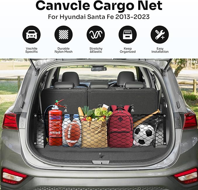 Canvcle Trunk Cargo Net for 2013-2025 2026 Hyun-dai Santa Fe Accessories Envelope Style Mesh Trunk Net Organizer and Storage Stretchable Adjustable Elastic Nylon Rear Cargo Netting with Hooks