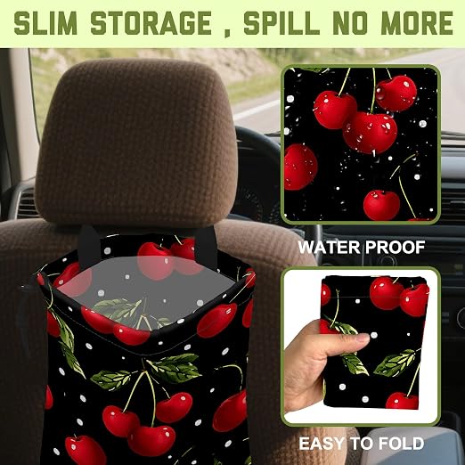 Car Garbage Bag Red Cherry Drawstring Car Trash Bag Hanging for Back Seat with Adjustable Buckle Canvas Vehicle Trash Can Easy-to-Install for Car Accessories Vehicle Travelling Camping