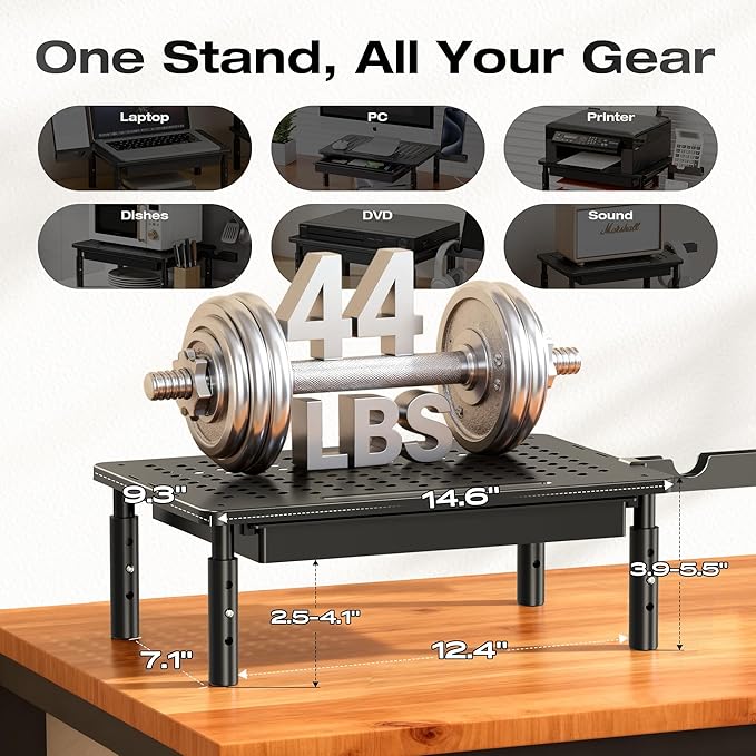Computer Monitor Stand Riser with Storage, 3 Height Adjustable Laptop Desktop Monitor Stand with Drawer, Metal Short Printer Table, Stand Riser for Desk, Office Desk Organizers and Accessories, 2 Pack