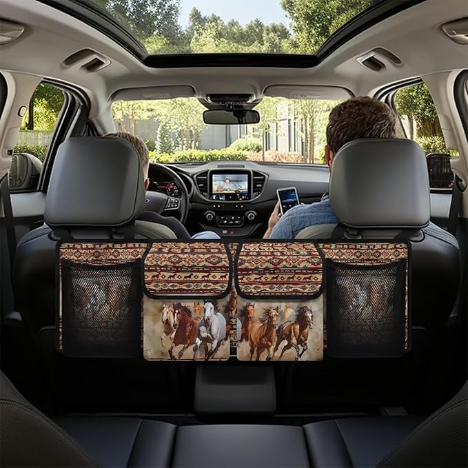 Aztec Tribe Car Trunk Organizer,Backseat Hanging Organizer with 4 Large Storage Bag Super Capacity,Horse Brown Waterproof Trunk Storage Bag for SUV Not Easy to Fade Machine Washable