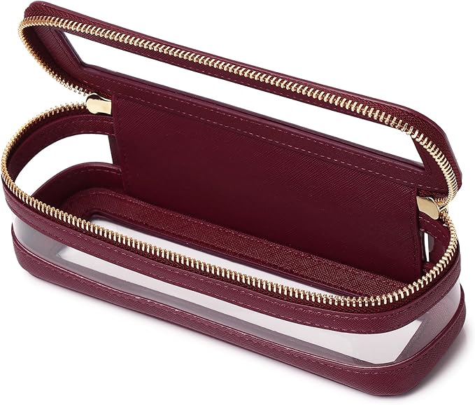 Pinkmik Makeup Brush Case Clear Travel Cosmetic & Toiletry Bag Slim Makeup Bag with Zipper Small Purse Organizer Car Essential for Women (X/Burgundy, SLIM)
