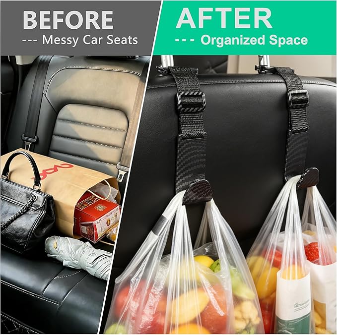 Amooca Headrest Hooks for Car Adjustable 4 Pack Vehicle Seat Back Organizer Storage Hanger Holder for Purse Bags Universal Fit with Clip Black Carbon Fiber
