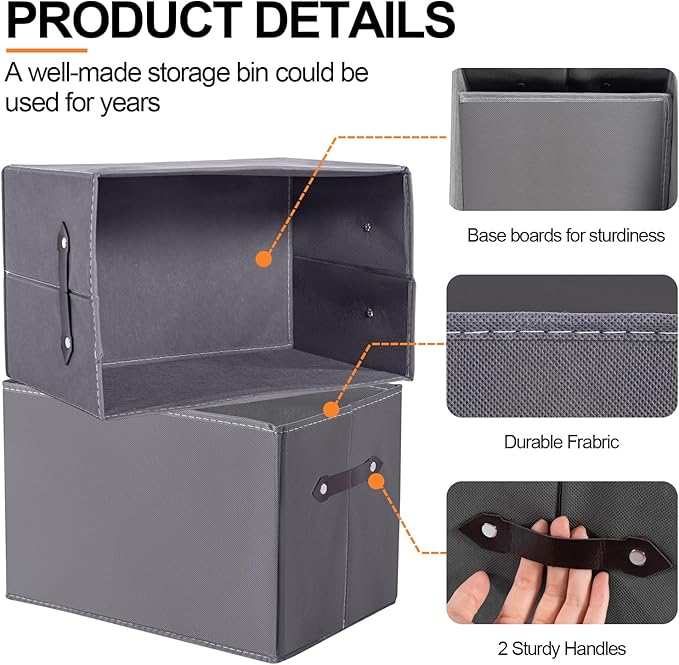 3 Pack Large Collapsible Storage Baskets for Shelves,14.9"x9.5" Fabric Closet storage Boxes with Leather Handles,Decorative Organizers Storage Bins for Clothes,Sheets,Toys,Books,(Gray)