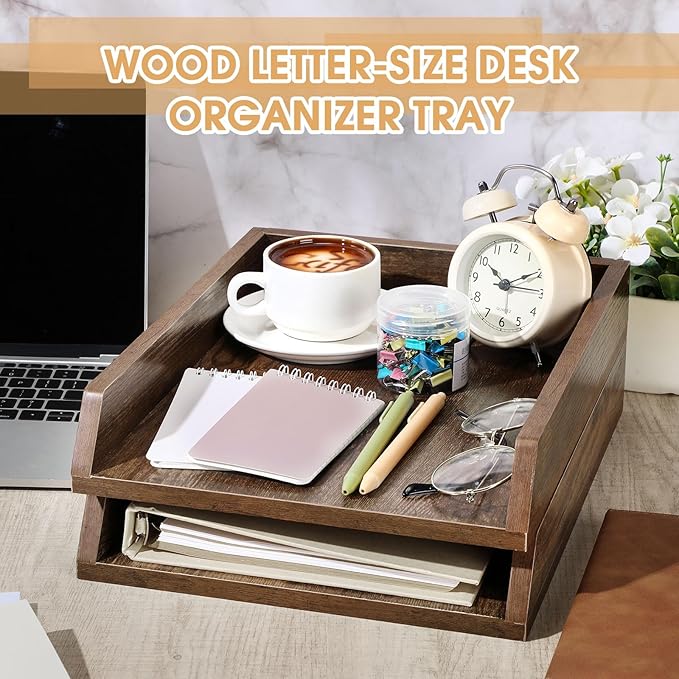 DoubleFill 4 Pcs Wooden Letter Trays Wood Letter-Size Desk Organizer Heavy Duty 2 Tier Stackable Supports Paper Tray Desktop Drawer Organizer File Folder Magazine Office Accessories (Dark Wood)