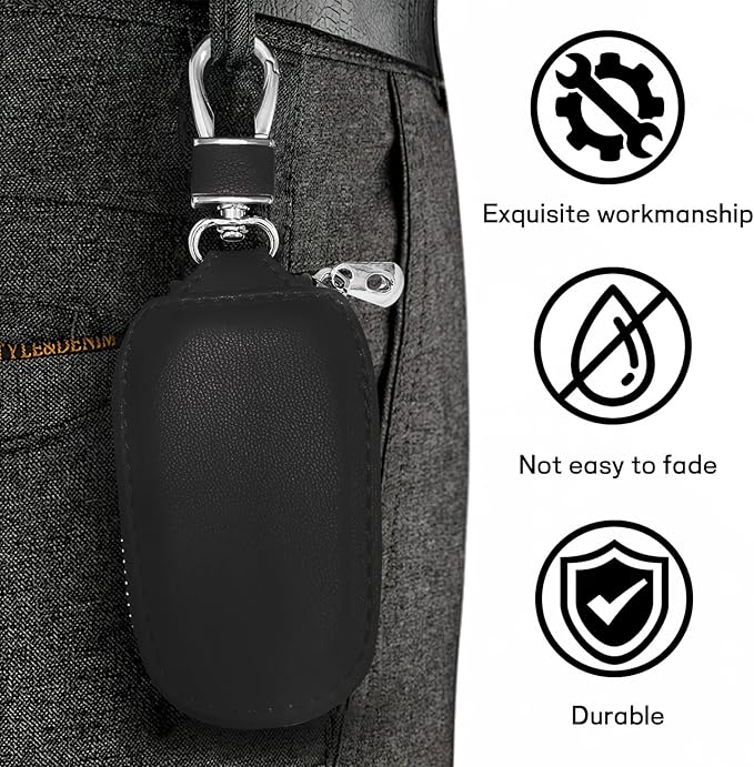 Car Key Case, Genuine Leather Auto Key Fob Protector, Universal Key Fob Cover Case with Metal Hook, Car Smart Keychain Holder for Remote Key Fob, Vehicle Keyring Zipper Bag (Black)