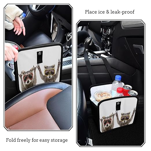 Funny Raccoons Sunglasses Animal Car Trash Can, Foldable Hanging Car Trash Bag, Small Waterproof Car Accessories Garbage Bin